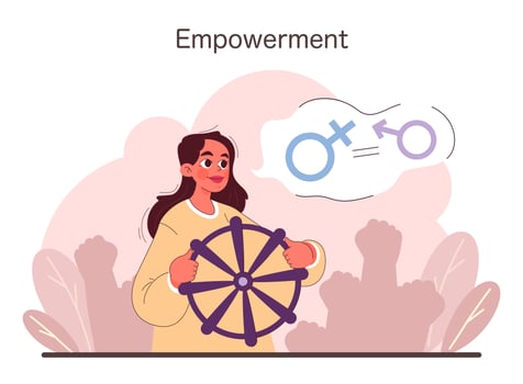 A confident woman takes the helm, steering towards gender equality vector