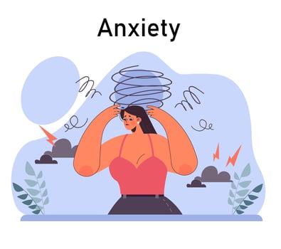 Anxiety. Character mental health issues. Woman coping with psychological vector