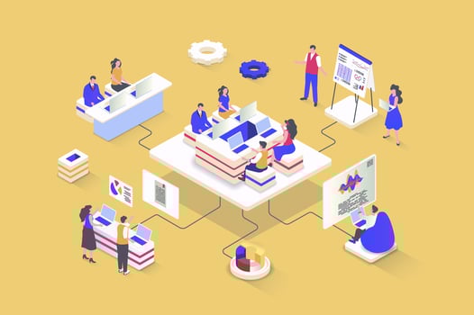 Business meeting concept in 3d isometric design. Colleagues work together at desk, discuss work tasks, make presentation, collaborate. Vector illustration with isometry people scene for web graphic