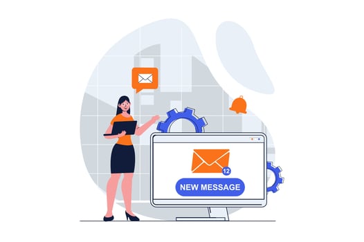 Email marketing web concept with character scene. Woman receiving notifications of new advertising mailing. People situation in flat design. Vector illustration for social media marketing material.
