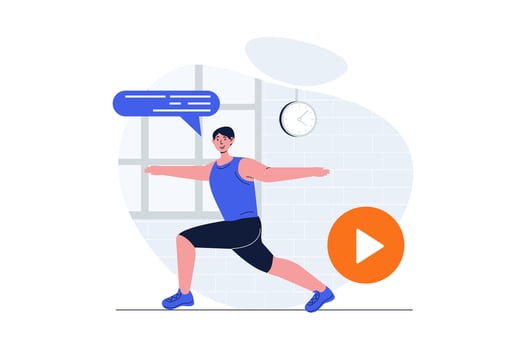 Sport training web concept with character scene. Man in sportswear doing morning workout and practice pilates. People situation in flat design. Vector illustration for social media marketing material.