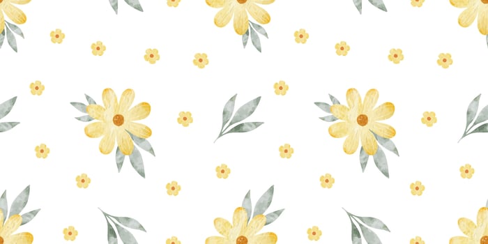 Yellow wildflowers and leaves. Watercolor hand drawn seamless pattern of Simple flowers. Cute print for fabric, scrapbooking, wrapping paper, design of card vector