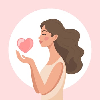 Woman holding a heart. Concept for mental health, support, love and relationships. Illustration. Vector