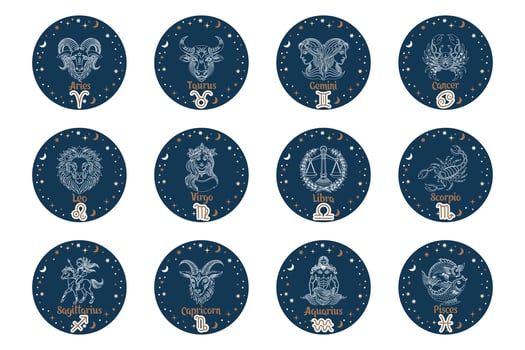 Astrology zodiac signs set, mystical round icons. Esoteric symbols for logo or icons. Vector