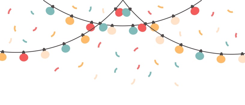 Festive garlands with colorful lights, lamps and confetti. Festive background for any holiday. Vector