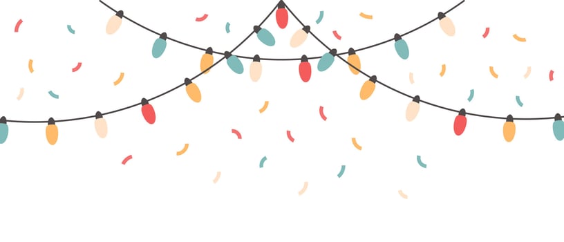 Festive garlands with colorful lights, lamps and confetti. Festive background for any holiday. Vector