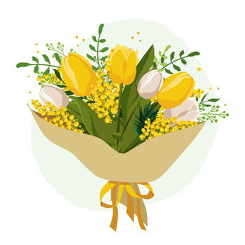 Spring isolated bouquet with yellow tulips and mimosa. Vector flavor with plants for design, greeting card, banner, board, flyer, sale, poster
