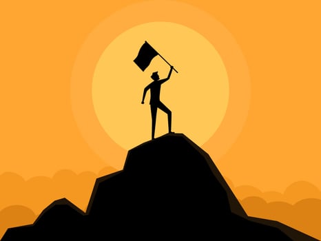 Successful men raise flags on top of mountains. Vector