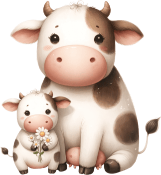 AI generated Adorable Cow and Calf Watercolor Illustration, A charming sweet moment between a cow and her calf, both adorned png