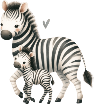 AI generated Protective Zebra Mother with Foal Illustration, An endearing watercolor illustration of a zebra mother attentively standing with her young foal, a scene of wild familial bonds. png