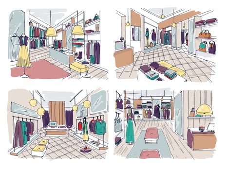 Colorful drawings of clothing boutique interior with furnishings, counters, showcases, mannequins dressed in fashionable clothes. Hand drawn fashion store or trendy apparel shop. Vector illustration.