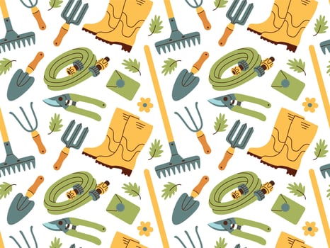 Seamless pattern of gardening items in hand drawn style. Agricultural and garden tools for spring work. vector