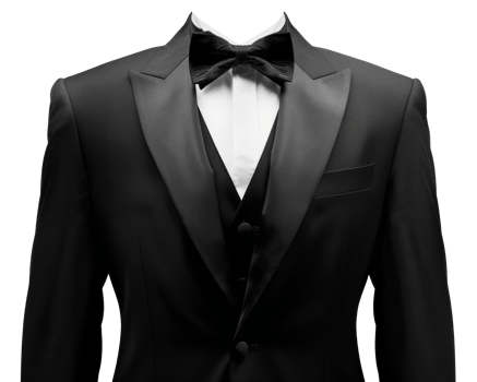 AI generated Elegant black tuxedo with white shirt and bow tie on transparent background - stock png. png