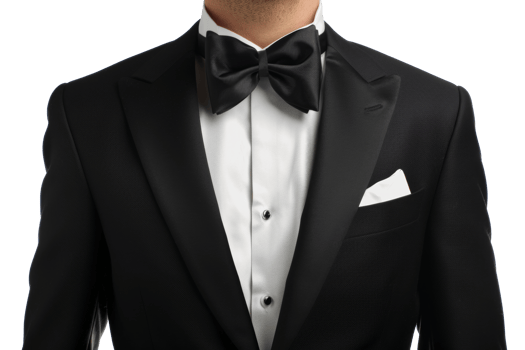 AI generated Elegant black tuxedo with white shirt and bow tie on transparent background - stock png. png
