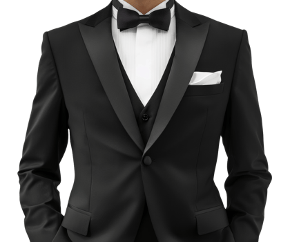 AI generated Elegant black tuxedo with white shirt and bow tie on transparent background - stock png. png