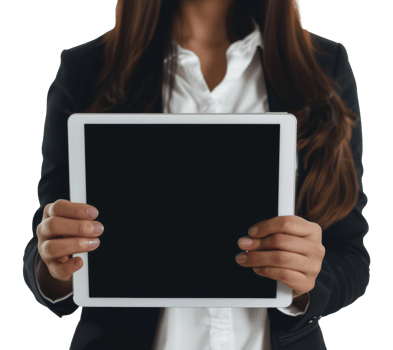 AI generated Businesswoman presenting blank tablet screen on transparent background - stock png. png