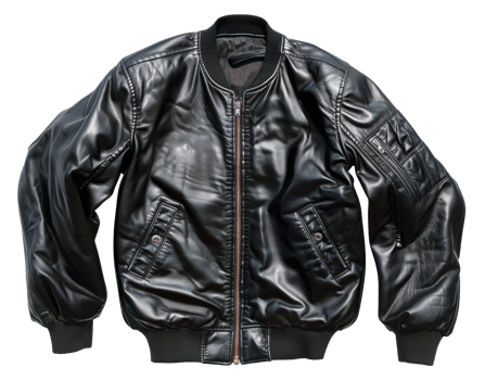AI generated Black leather flight jacket with ribbed cuffs on transparent background - stock png. png