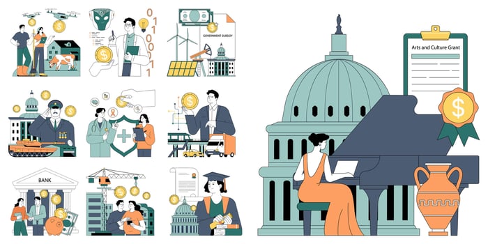 Government subsidy set. Diverse sectors including agriculture, healthcare vector