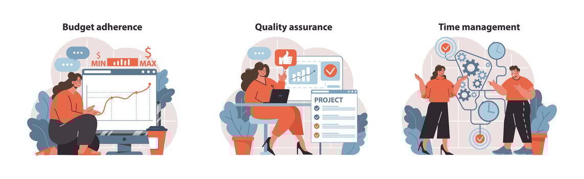 Project Management essentials. Mastering budget control, quality oversight. vector