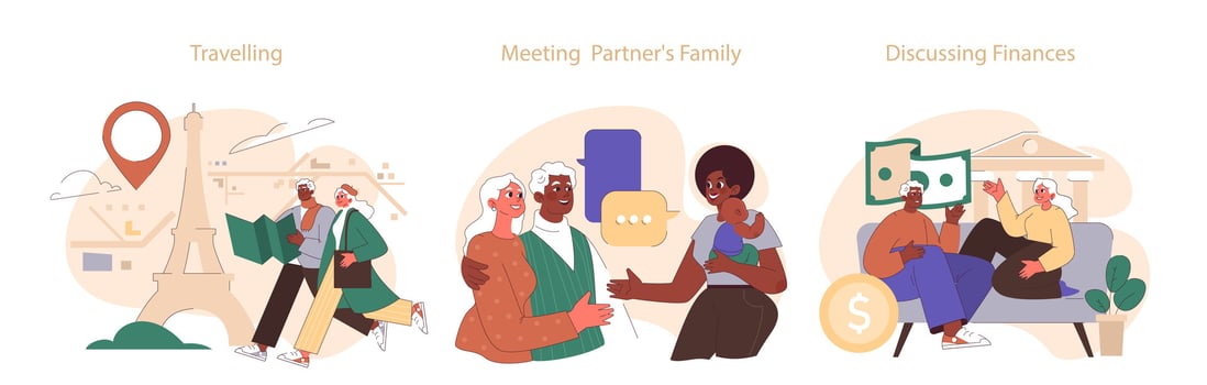 Old age marriage set. Excited senior couple. Elderly people dating and building vector
