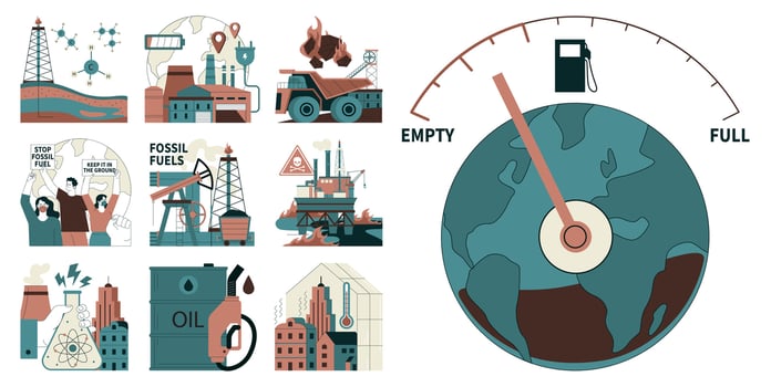 Fossil fuel set. Fossil resources extraction and its impact on climate change. vector