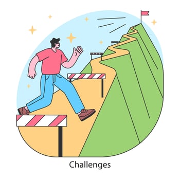 Challenges concept. Man ascends a steep path, overcoming hurdles towards vector