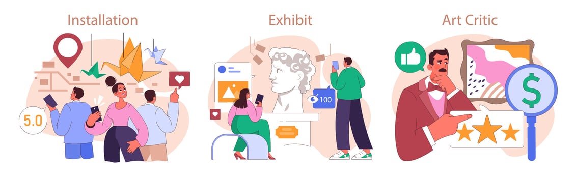 Museum or art gallery exhibition set. Visitors exploring diverse artworks vector
