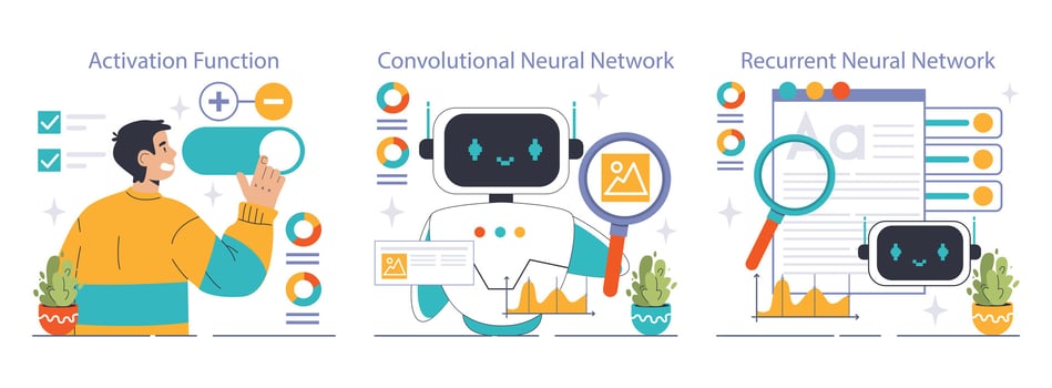 Neural Network Explained set. Flat vector illustration