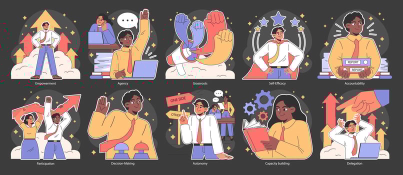 Empowerment dark or night mode set. Confident office employees vector