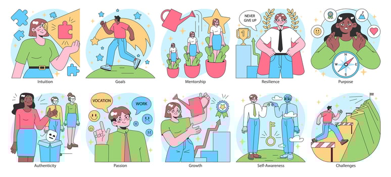 Finding your way in life set. Diverse character navigating personal development vector