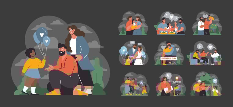 Family Moments set. Cherished instances of families bonding vector