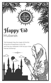 Happy Eid Mubarak poster in black and white style vector illustration