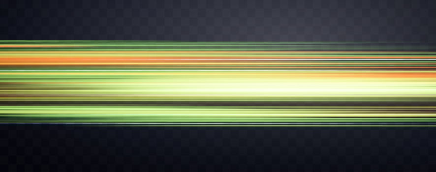 Speed rays, velocity light neon flow, zoom in motion effect, green glow speed lines, colorful light trails, stripes. Abstract background, vector illustration.
