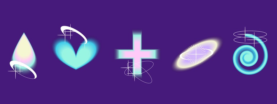 Gradient Y2k shape blur set. Spiral, oval, heart blurry aesthetic y2k. Vector pastel form illustration. Aura gradient shape
