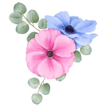 watercolor bouquet of pink and blue anemones with eucalyptus foliage. Ideal for adding a pop of color to event decorations, stationery designs, or digital projects png