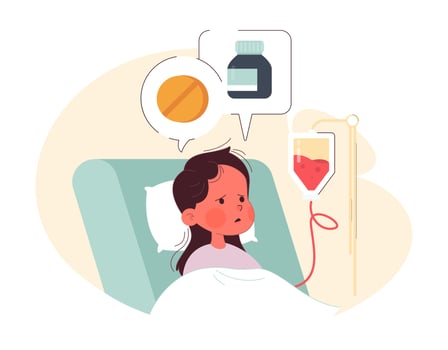 Ill little girl lying in hospital ward bed. Neglected child struggling vector