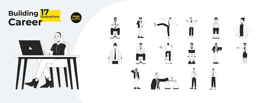 Career businesspeople black and white cartoon flat illustration bundle. Adults professionals 2D lineart characters isolated. Managers employees office monochrome vector outline image collection