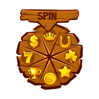 Spin game user interface design element. Wooden lucky wheel or casino fortune roulette decorated with golden icons png