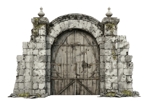 AI generated Medieval Stone Gate With Iron-Reinforced Wooden Doors Isolated png