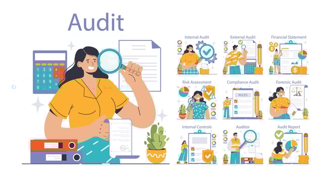 Audit set. Professionals evaluating financial records. Flat vector illustration