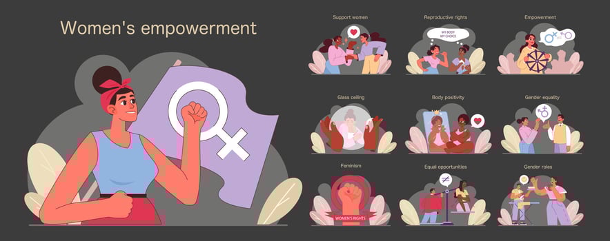 A confident woman showcases various scenes of empowerment, vector