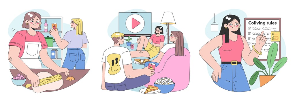 Co-living set. Friends or roommates living together. Characters hang vector