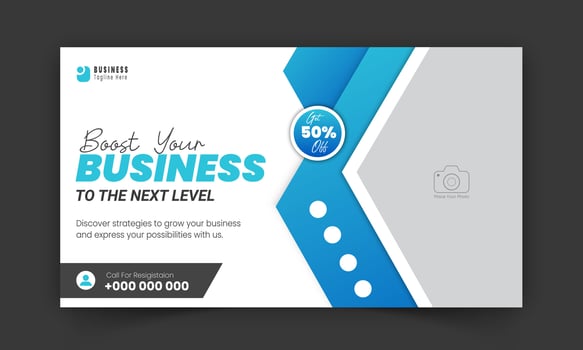 Corporate creative video thumbnail and social media cover design, digital marketing agency live video streaming for business promotion on abstract blue colorful shapes and white background vector