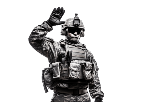 AI generated Determined Soldier in Full Combat Gear Saluting On Transparent Background png
