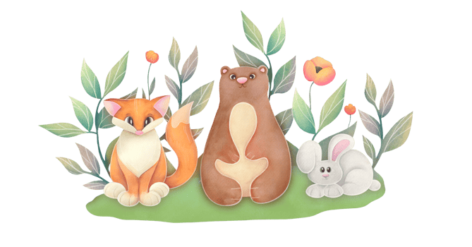 cute watercolor forest Woodland animals on background of flowers, green twigs. isolated clipart and cut out childish illustration for greeting cards, border frame banners png