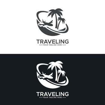 Vector plane with palms icon logo of travel and travel agency vector illustration