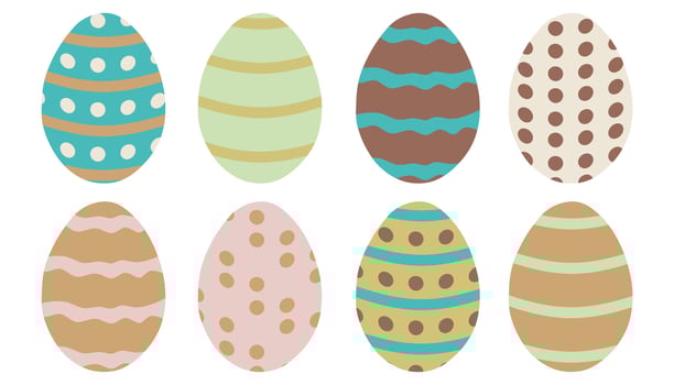 Easter Eggs Set. Vector Flat style Collection Isolated on white background. Cartoon Holiday elements with Stripes and Dots. Hand drawn Design Art for Greeting Cards, Celebration, Decoration.