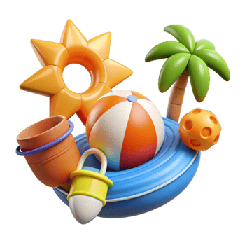 Summer 3d realistic render icon set. object with beach elements, summer holiday clip art set png