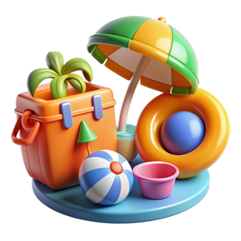 Summer 3d realistic render icon set. object with beach elements, summer holiday clip art set png