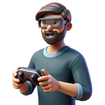 Virtual reality Man Gamer hands holding gaming console controller. joyful man in 3d glasses. png